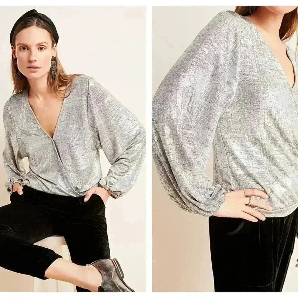 Anthropologie Carys Dolman Top Silver Metallic